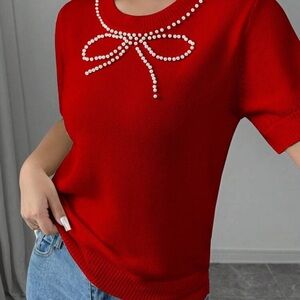 Red Knit Top with Pearl Bow Detail
